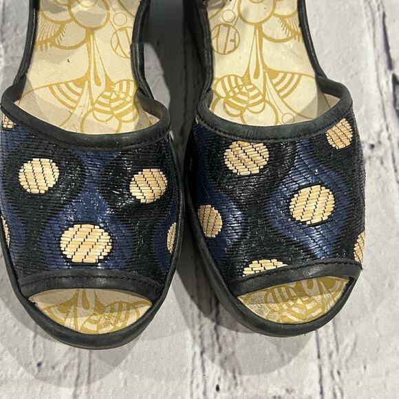 FLY London Yeji Sandals Blue Tan Geometric Wedge Peep Toe EU 38 US 7 - Picture 4 of 9